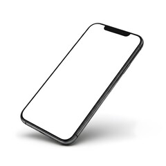 A modern smartphone with a blank white screen tilted on a white background Keywords: smartphone, mobile phone, blank screen, white screen, device