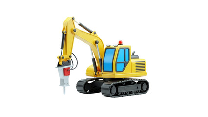 3D Yellow excavator with jackhammer on crawler tracks on transparent background