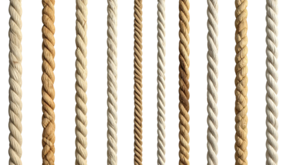Vertical rows of various textured ropes with different colors against black