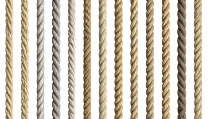 Vertical ropes in various shades of brown and beige against a black backdrop