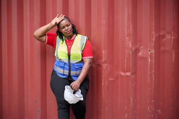 Female worker is standing near a large container and looking tired