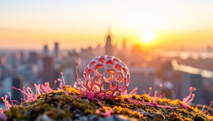 Futuristic orb rests atop mossy surface, city skyline ablaze at sunset