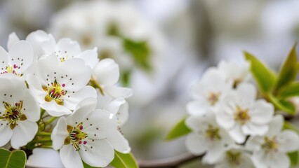 macro wallpaper of white blooming pears blossom flowers. Cherry pears blossoms