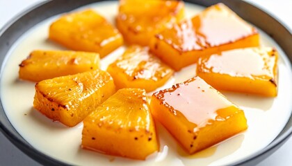 Grilled pineapple chunks glazed on creamy sauce in a dark bowl, close-up shot