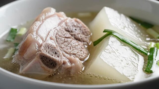 Close up of a hearty pork bone and winter melon soup.