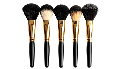 Five makeup brushes in a row, with black and gold handles, white backdrop