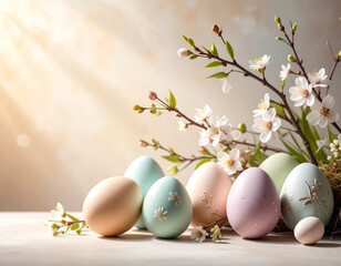 Pastel Easter eggs and spring flowers arranged in a minimal composition with empty space above, creating a soft seasonal background perfect for greeting cards, invitations, and festive design projects