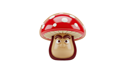 3D Cute cartoon mushroom character with a friendly face on transparent background