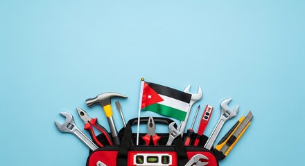 Jordanian tools and flag in a red tool belt on blue background