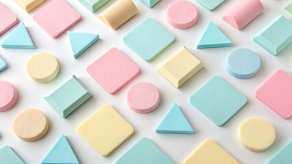 Pastel geometric shapes in pink, blue, and yellow, arranged in a repeating pattern on a white surface