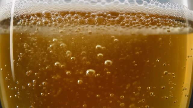 Close-up of a refreshing glass of beer with foam and bubbles.