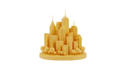 3D Golden Cityscape with Stylized Buildings and Trees on transparent background