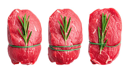 Three cuts of raw meat, tied with string and garnished with herbs