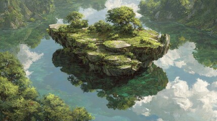 Serene Floating Island Landscape with Reflection in Calm Waters