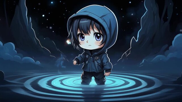 Cute anime character standing in a mystical glowing water circle at night.