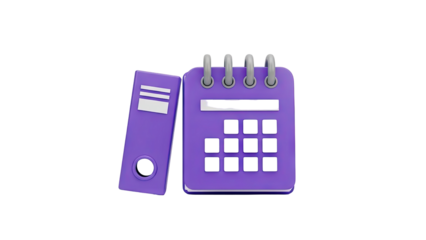 3D Purple calendar and binder icon on transparent background
