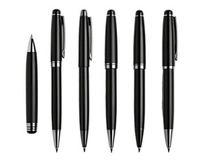 Six sleek, black and silver pens arranged against a transparent background