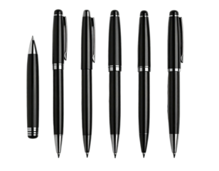 Six sleek, black and silver pens arranged against a transparent background