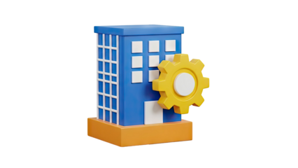 3D Icon of Blue Building with Yellow Gear on transparent background