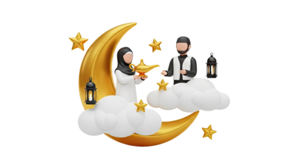 3D Ramadan Islamic Scene with Moon, Lanterns, Stars, and Figures on transparent background