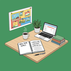 New Year Goals Planning on Laptop and Notebook