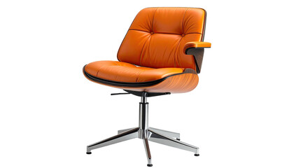 Leather office chair with orange seat and wood armrest on a chrome base