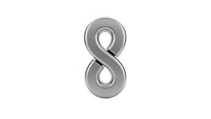 3D Shiny Silver Number 8 with a Metallic Finish on transparent background