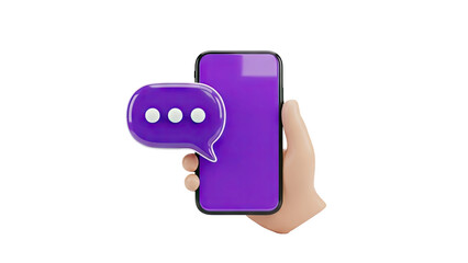 Hand holding smartphone with purple chat bubble icon on transparent background