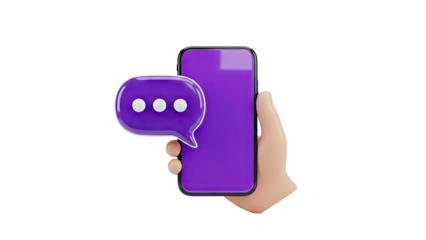 Hand holding smartphone with purple chat bubble icon on transparent background