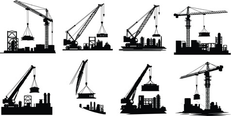 Industrial construction cranes silhouette set, heavy machinery lifting equipment, urban building development tools, engineering worksite illustration for infrastructure projects