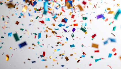 Colorful confetti falling, captured mid-air against a bright, plain background