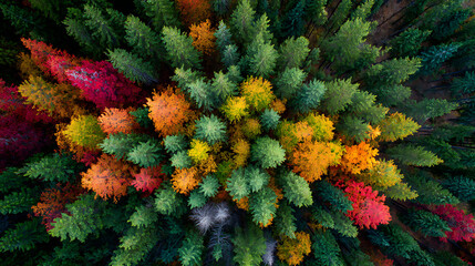 Aerial view of a forest with vibrant autumn foliage