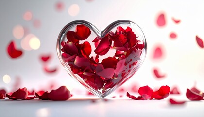 A clear glass heart filled with red rose petals, surrounded by floating petals