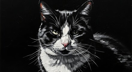 Close-up portrait of a black and white cat with piercing green eyes