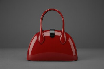 Red glossy handbag with black handle and clasp on gray background shiny purse