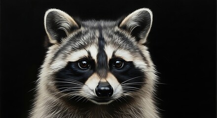 Obraz premium Captivating close-up portrait of a raccoon with a direct gaze, showcasing its distinctive mask and fur against a dark background