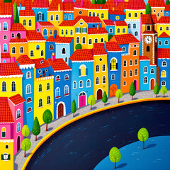 Vibrant Colorful Whimsical Town Illustration with Riverside Houses and Clock Tower
