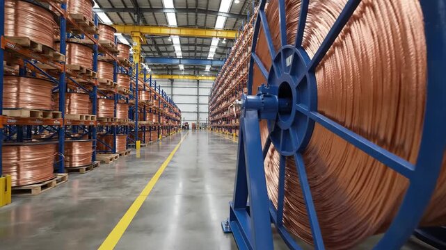 Large copper wire spool in industrial warehouse storage