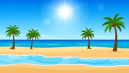 Fototapeta premium Tropical beach paradise with palm trees and clear blue sky.