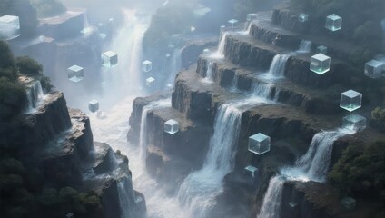 Mystical Waterfall Canyon with Floating Cubes in Digital Art.
