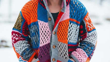 Woman wearing vibrant colorful patchwork crochet cardigan in winter