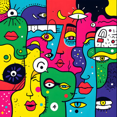 Colorful Abstract Pop Art Illustration with Stylized Faces and Geometric Shapes
