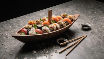 Sushi Boat Feast - A Culinary Voyage of Japanese Delights.