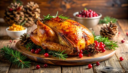 Festive Thanksgiving Turkey Dinner with Cranberries and Pine Cones.