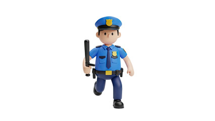 Cartoon Policeman Running with Baton on transparent background