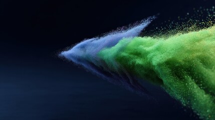 Colorful powder explosion in a vibrant cloud forming an abstract arrow shape with dynamic movement on a dark background