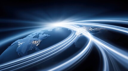 Futuristic Abstract Representation of Earth with Bright Lines Depicting Communication, Technology, and Global Connectivity in a Dark Atmosphere
