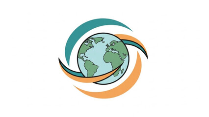 Earth globe with swirling teal and orange curved lines, symbolizing global connection and eco friendly concepts