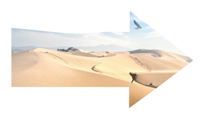Arrow-shaped desert landscape with dunes under a sunny sky