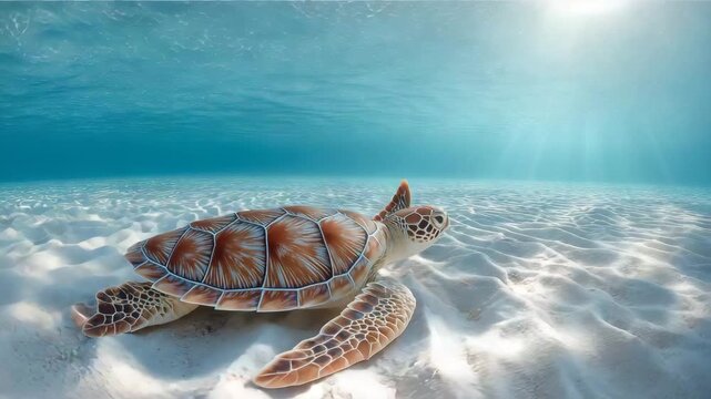 浅瀬で休む子どものウミガメを捉えた癒やしの海景